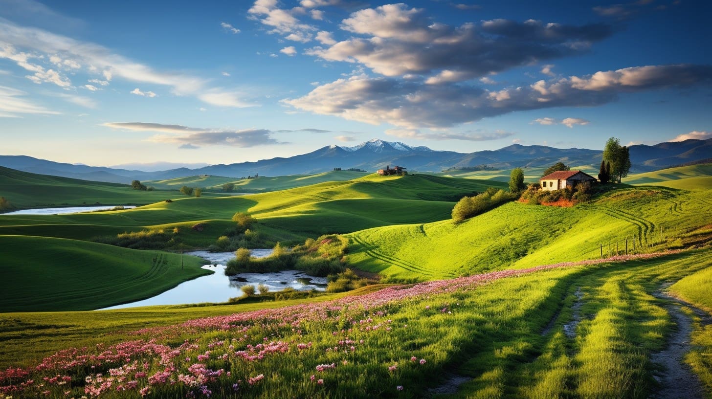 Rolling green hills and sky representing harmony, nature, and seasonal balance in Traditional Chinese Medicine