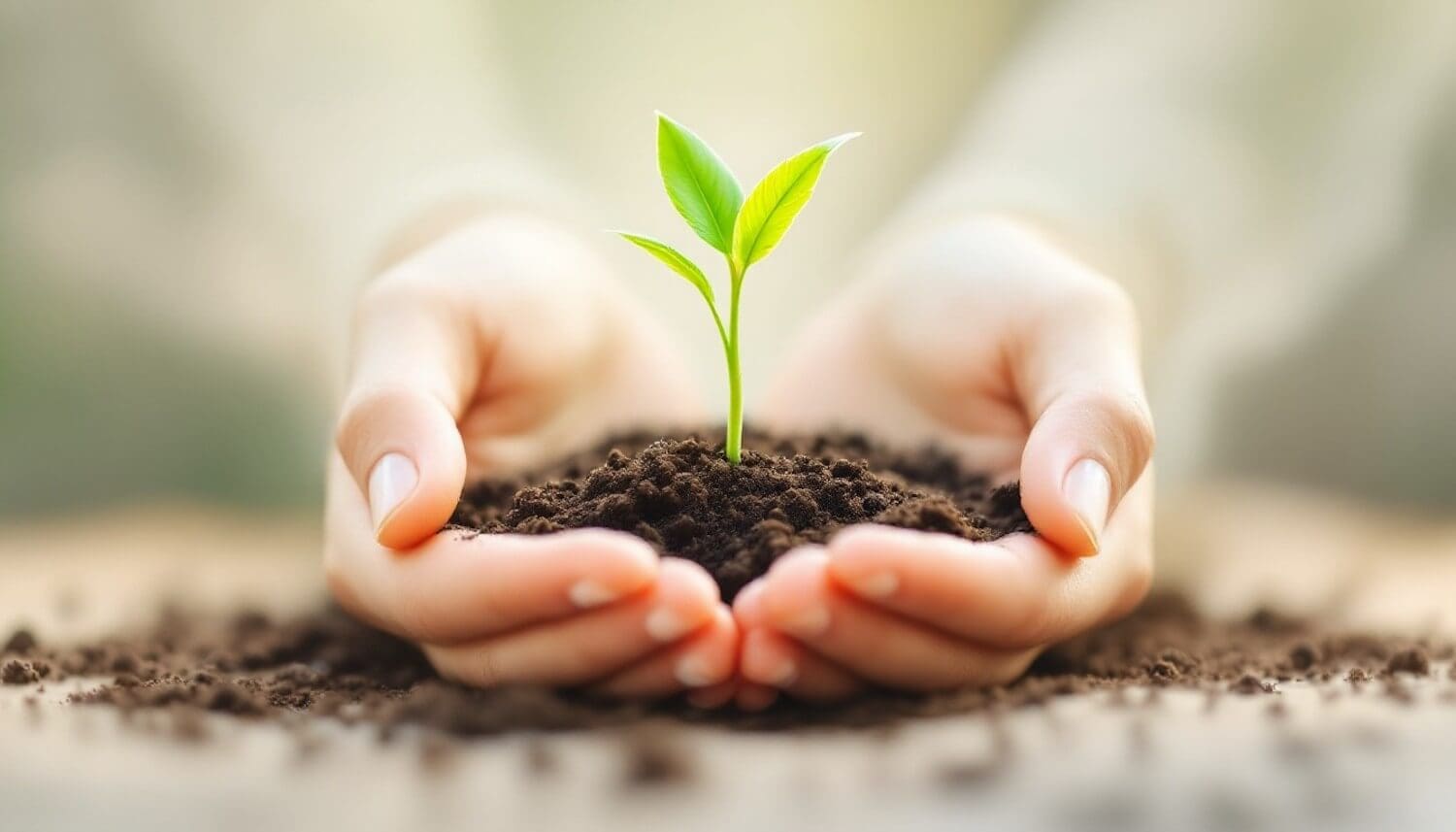 Young plant growing in hands symbolizing sacred stewardship and holistic self-care