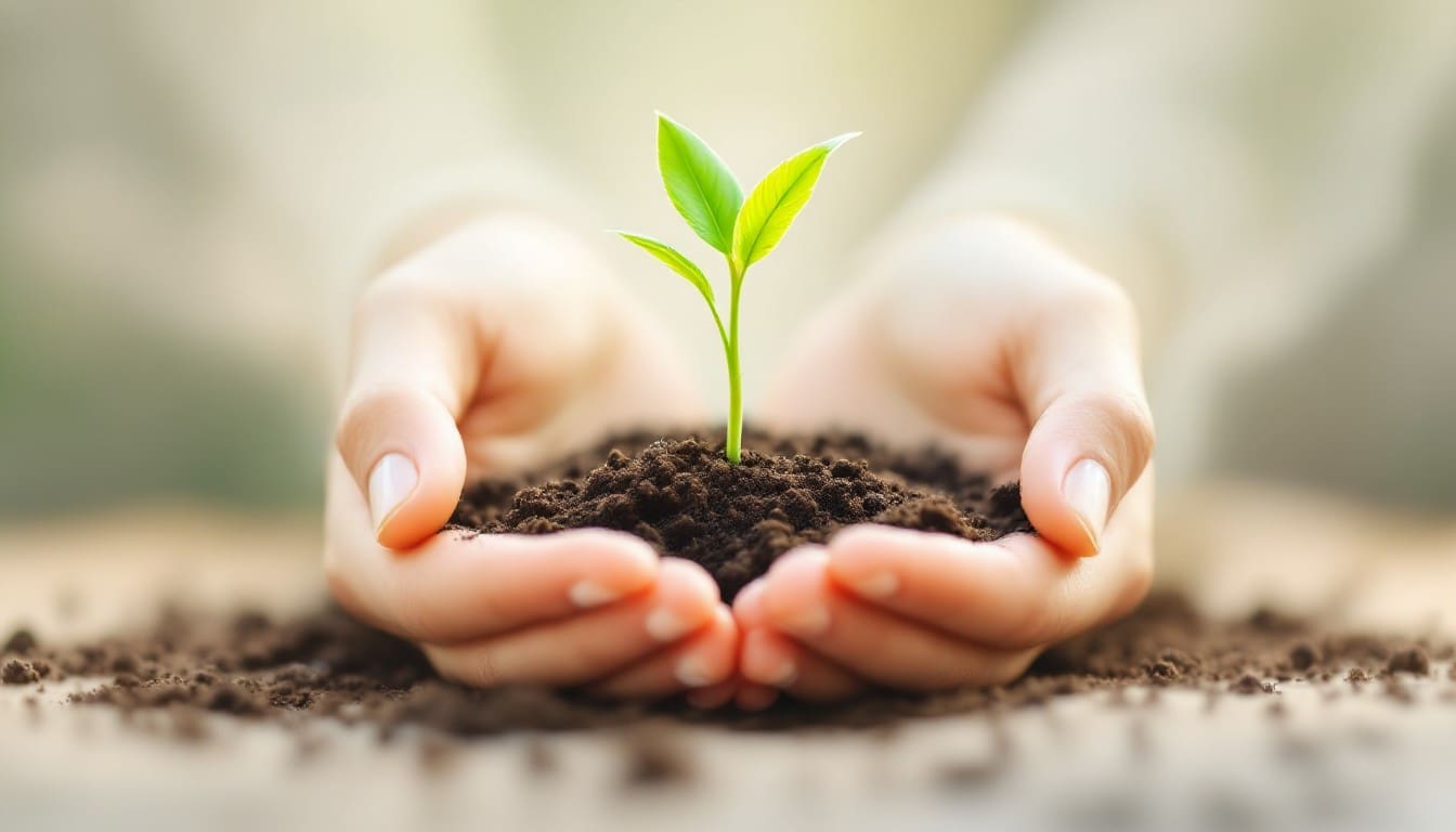 Young plant growing in hands symbolizing sacred stewardship and holistic self-care