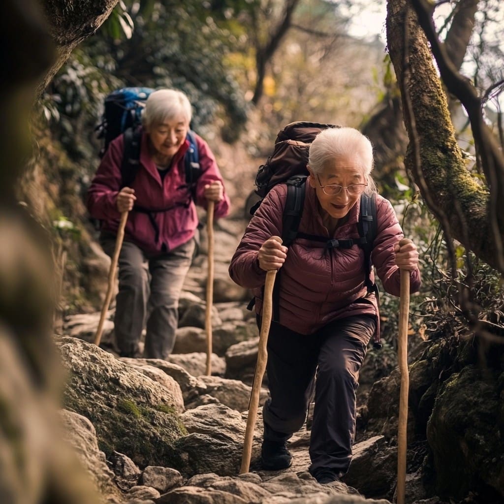 Older women hiking with support, symbolizing resilience and longevity in aging