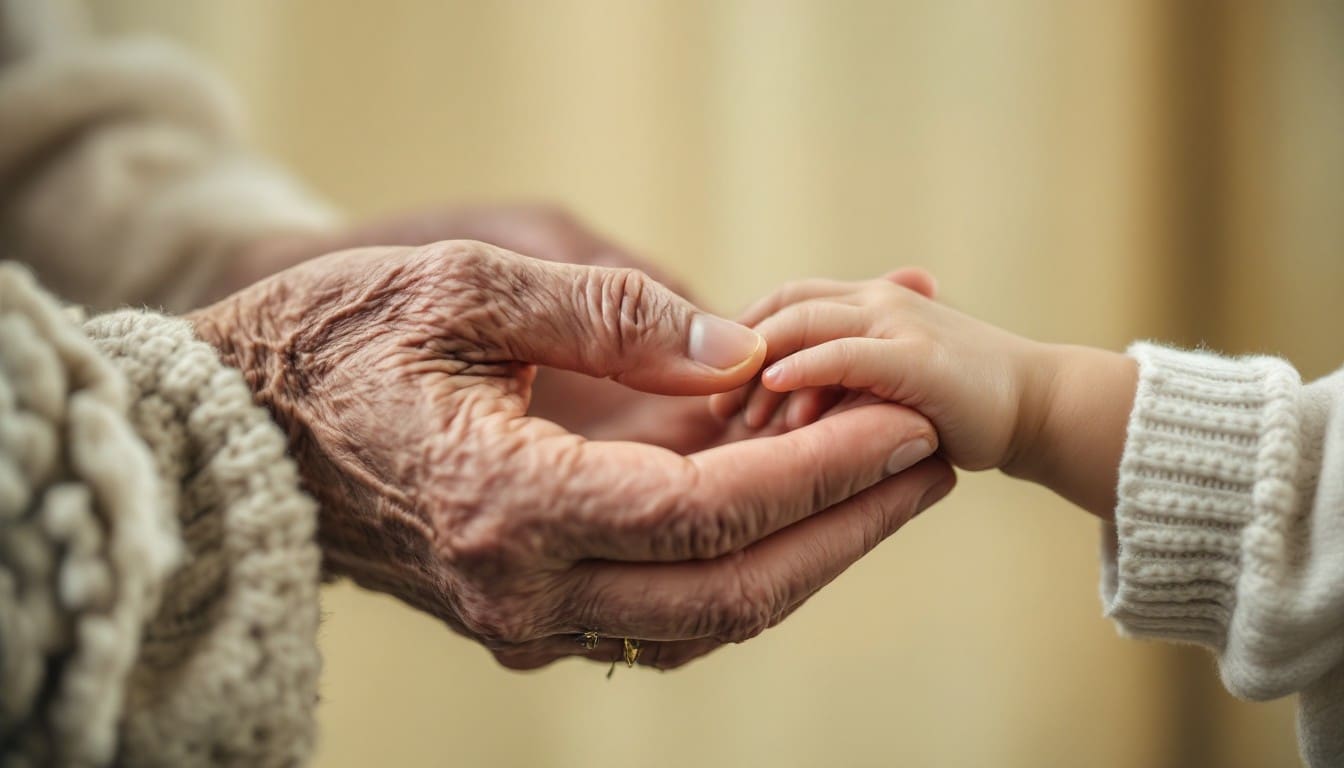 Elderly hands gently holding a toddler’s hand, symbolizing the seasons of womanhood and generational connection.