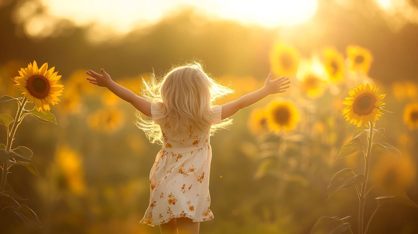 Young girl running through a sunflower field with arms outstretched, symbolizing joy, renewal, and emotional freedom.