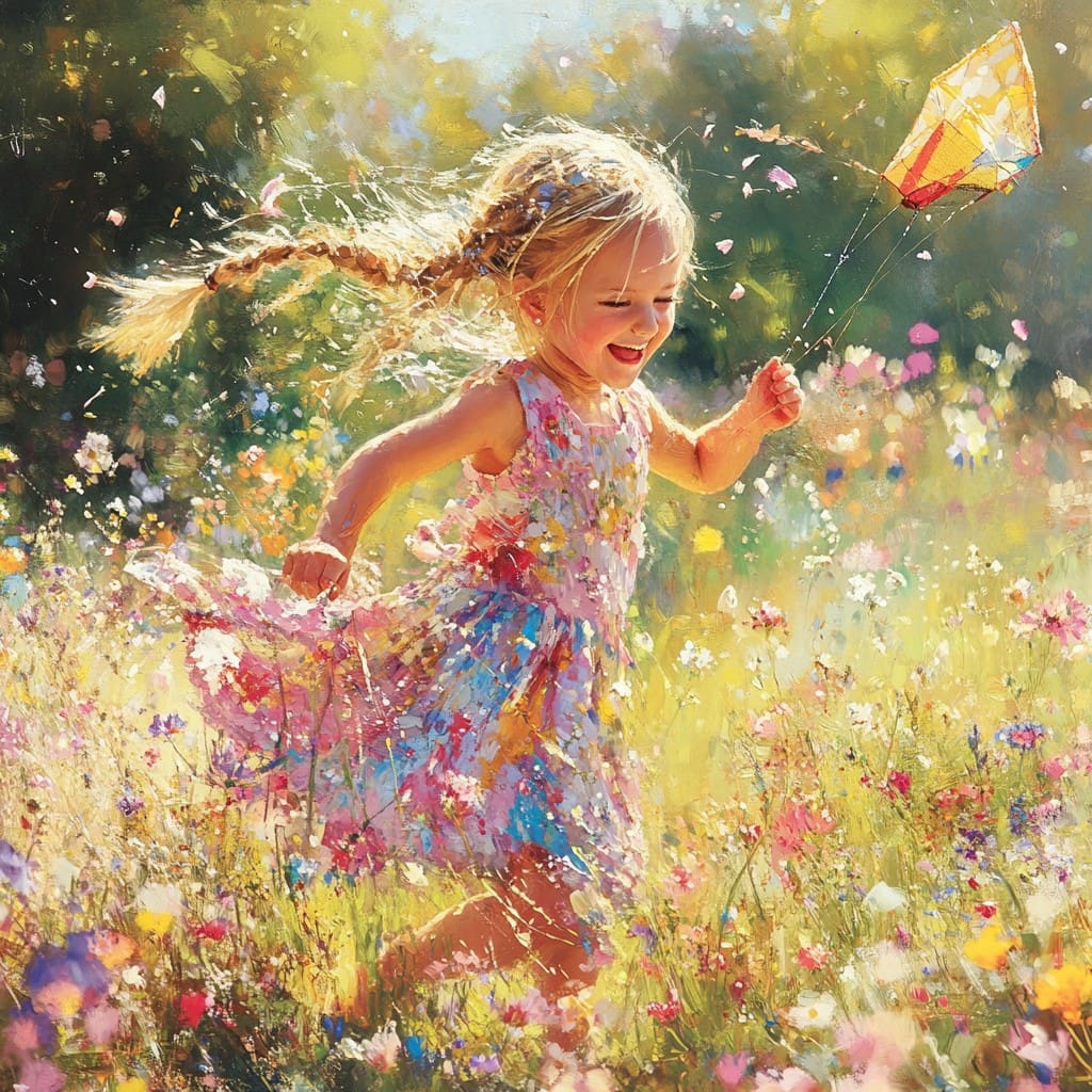 A joyful young girl with braided hair runs through a sunlit field holding a kite, symbolizing renewal, healing, and emotional freedom.