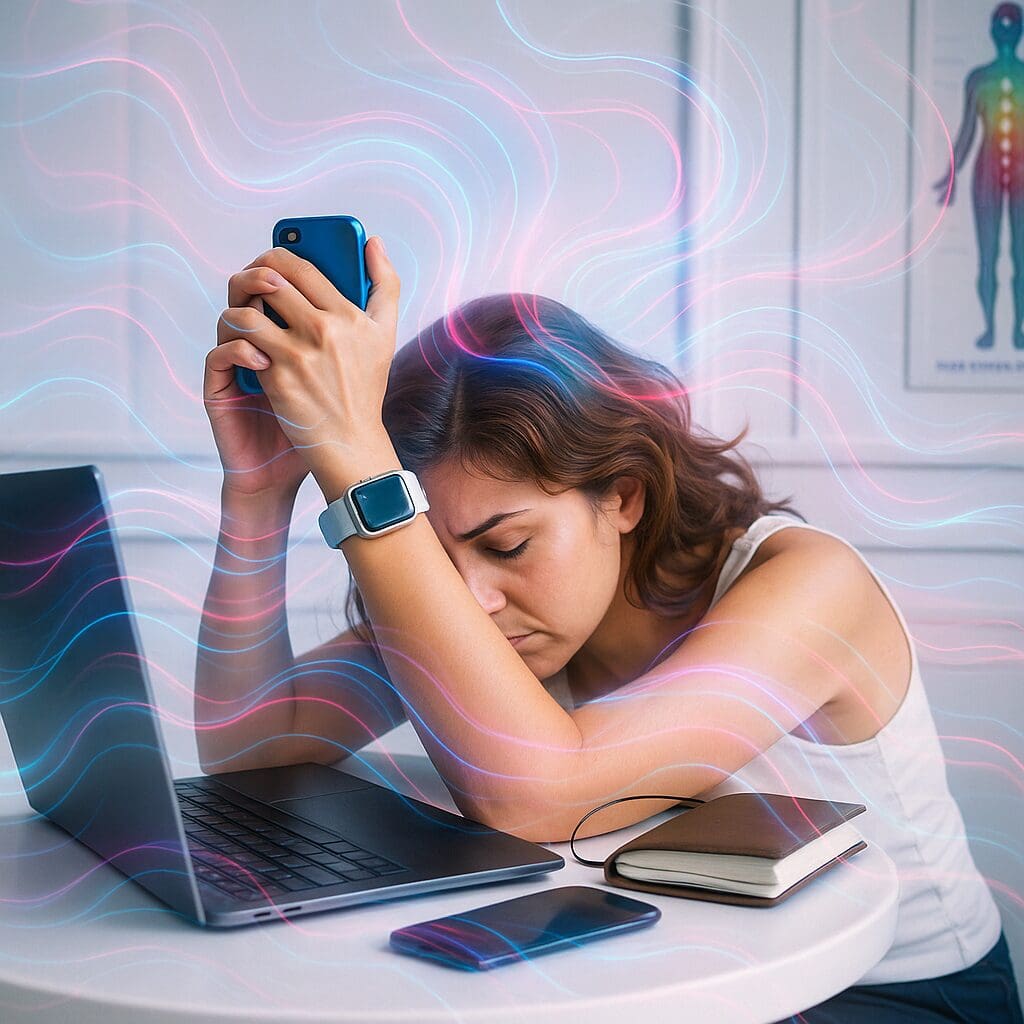 Woman feeling overwhelmed by EMF exposure from multiple digital devices