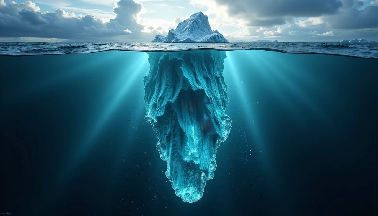 Iceberg showing small visible tip and large submerged base, symbolizing how most health factors affecting lab results remain unseen.