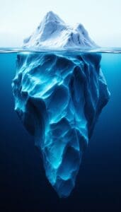 A large iceberg floating in the ocean with most of its mass hidden below the surface, illustrating how lab results often reveal only a small part of the full health picture.