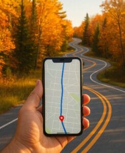 A hand holding a smartphone with a map app open, showing a straight path, while a real winding road stretches into the distance behind it.