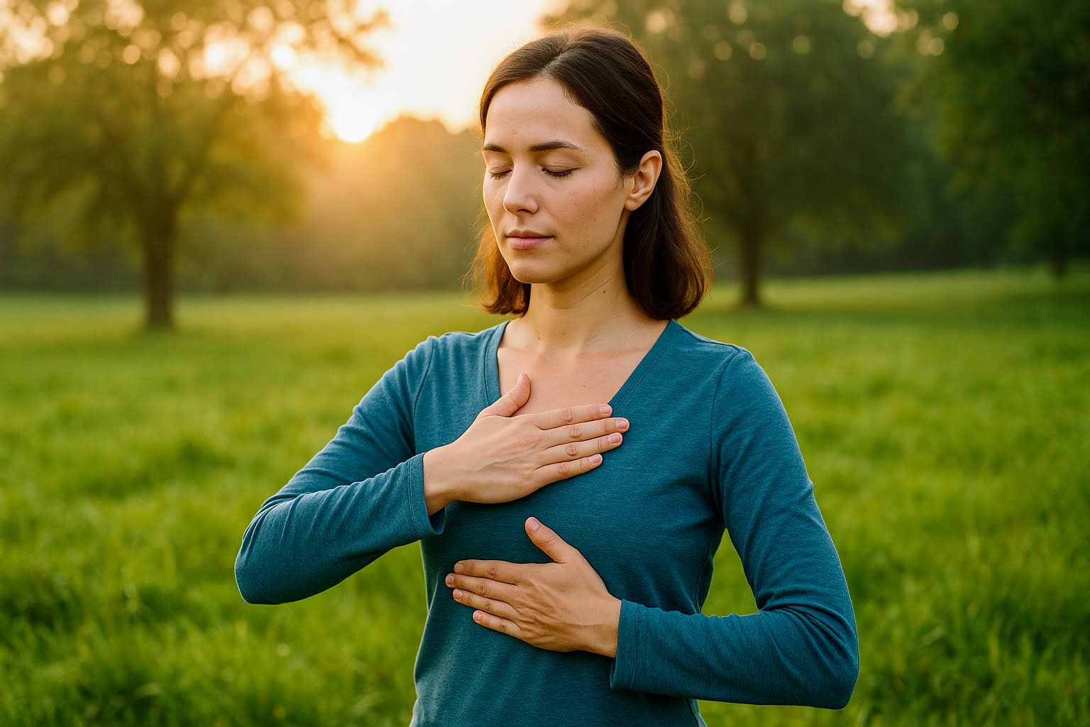Woman with hands on heart and belly, eyes closed in a field at sunrise — practicing presence and grounding to her true self.